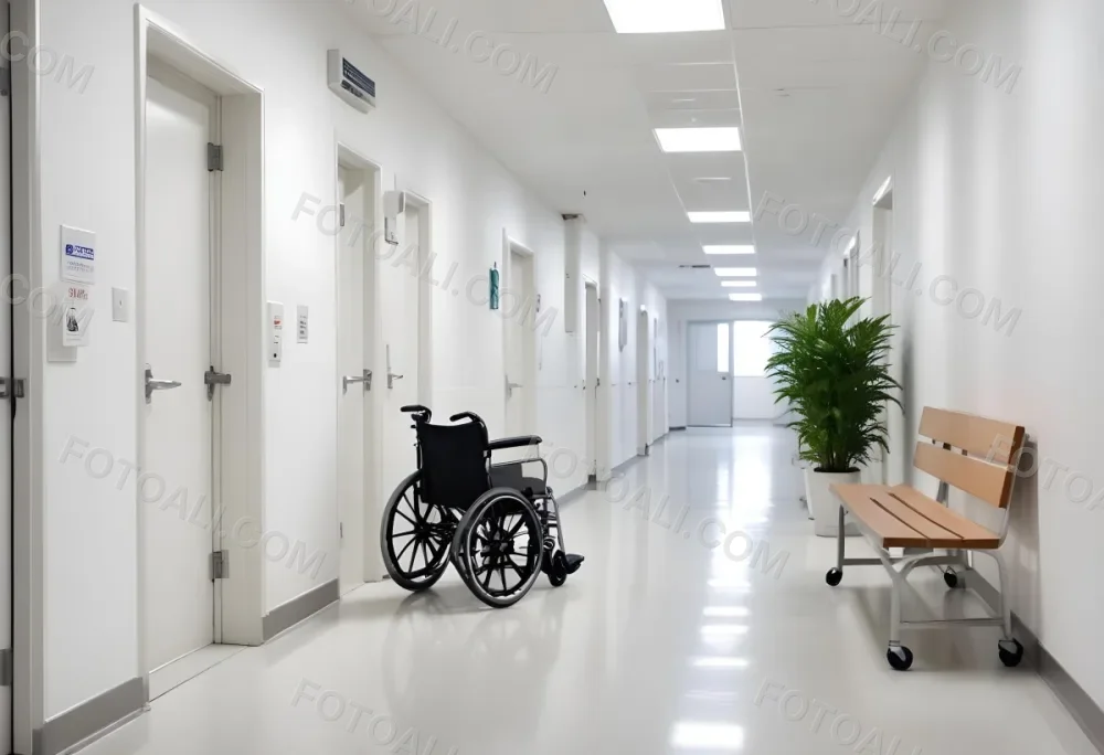 Empty Hospital Corridor With White Walls White Floor Benches Signs A Wheelchair And A Plant Bright Light 2 4d2a