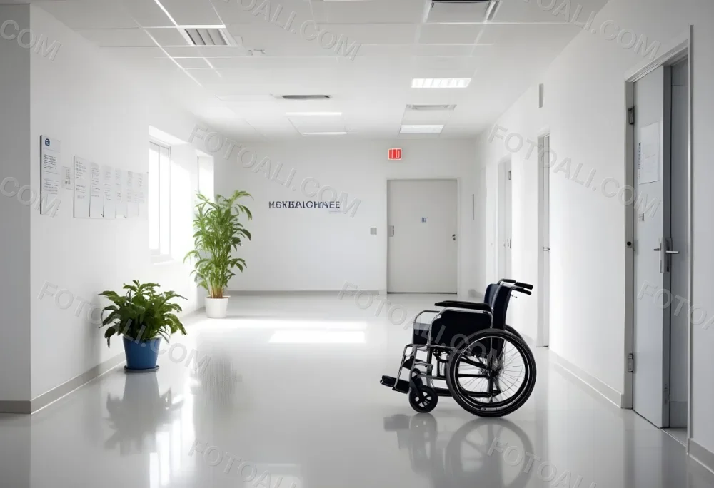Empty Hospital Corridor With White Walls White Floor Benches Signs A Wheelchair And A Plant Bright Light 3 0168