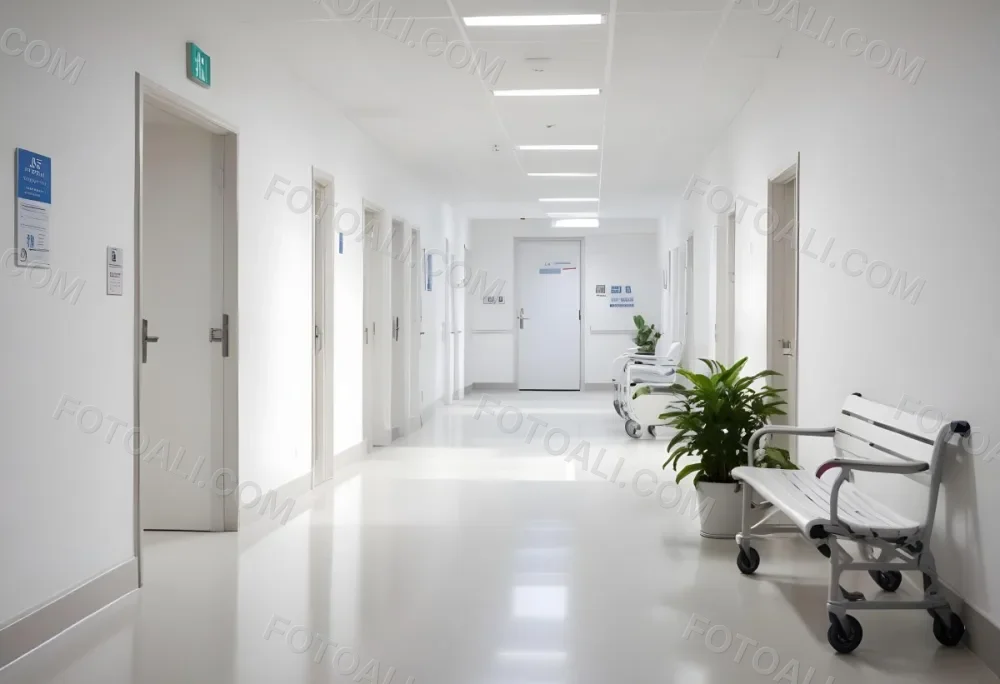 Empty Hospital Corridor With White Walls White Floor Benches Signs A Wheelchair And A Plant Bright Light 5 2389