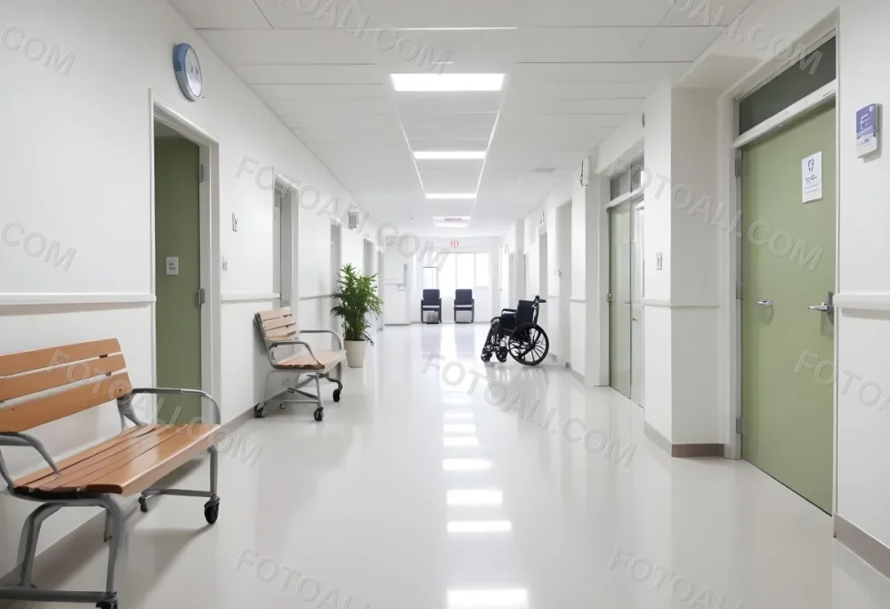 Empty Hospital Corridor With White Walls White Floor Benches Signs A Wheelchair And A Plant Bright Light 6 13f3