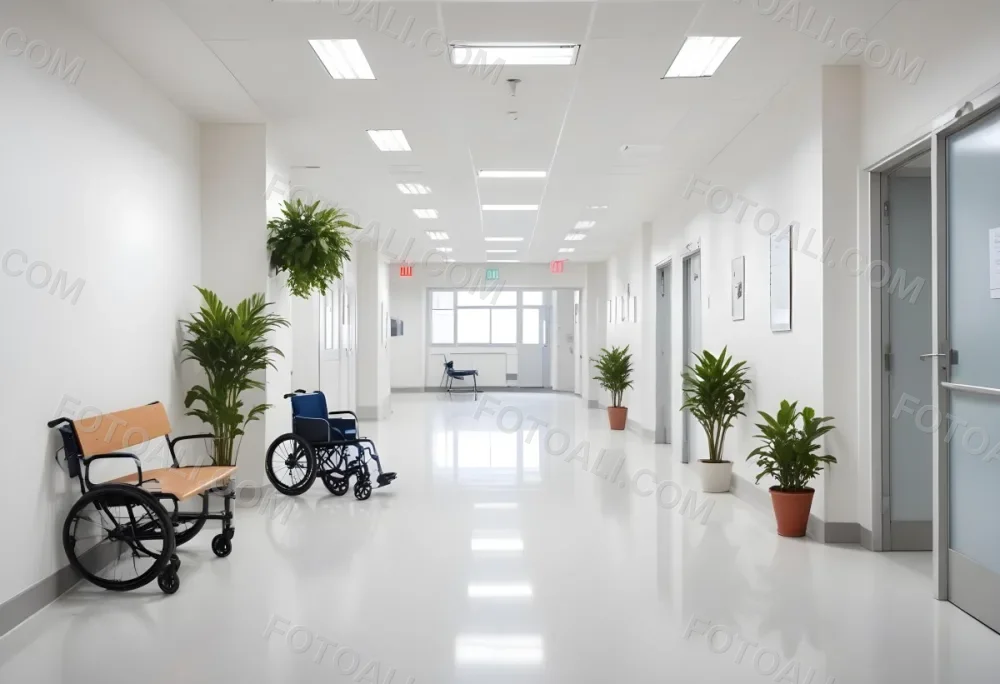 Empty Hospital Corridor With White Walls White Floor Benches Signs A Wheelchair And A Plant Bright Light 7 4236