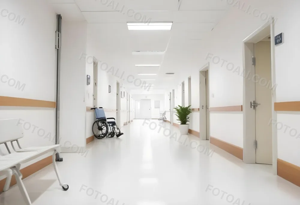Empty Hospital Corridor With White Walls White Floor Benches Signs A Wheelchair And A Plant Bright Light 8 8095