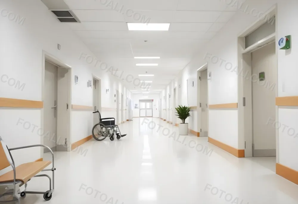 Empty Hospital Corridor With White Walls White Floor Benches Signs A Wheelchair And A Plant Bright Light 9 B61e