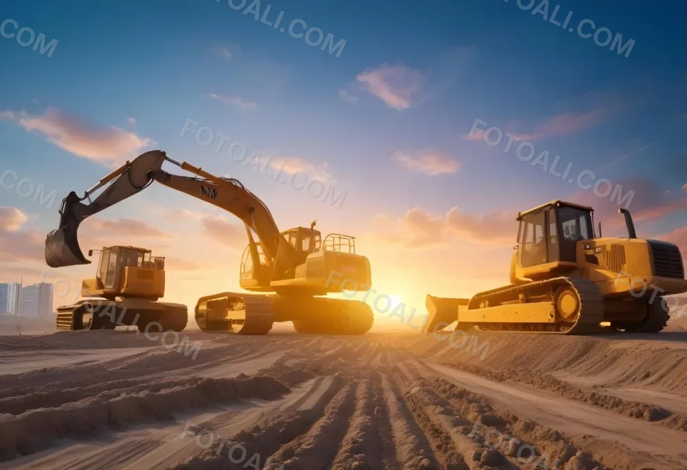 Excavator And Bulldozer On A Construction Site Heavy Machinery Working On A Dirt Field Sunset With A Blue Sky And Orange Clouds 1 B335