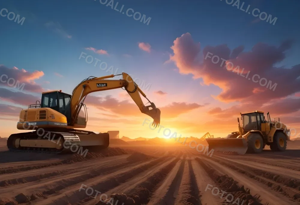 Excavator And Bulldozer On A Construction Site Heavy Machinery Working On A Dirt Field Sunset With A Blue Sky And Orange Clouds 2 D01a