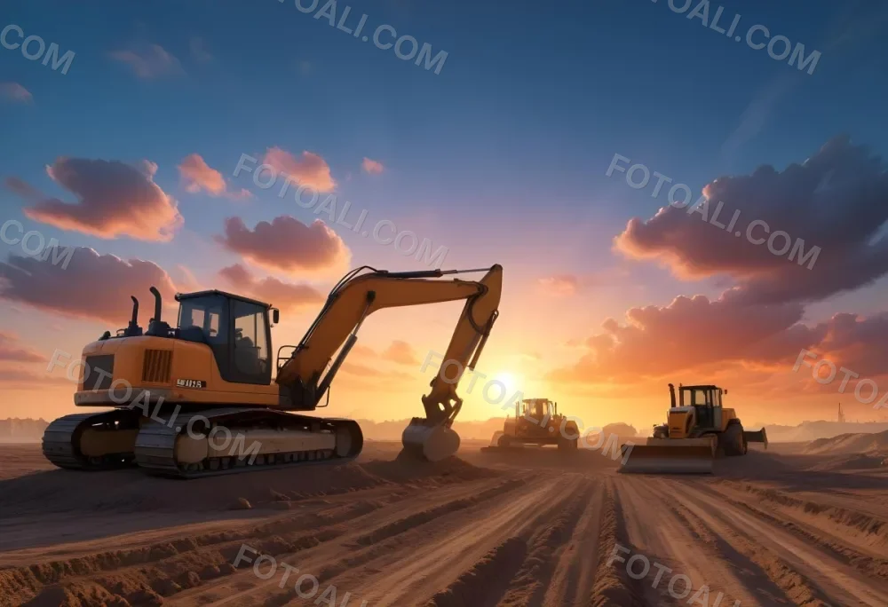 Excavator And Bulldozer On A Construction Site Heavy Machinery Working On A Dirt Field Sunset With A Blue Sky And Orange Clouds 3 08c0