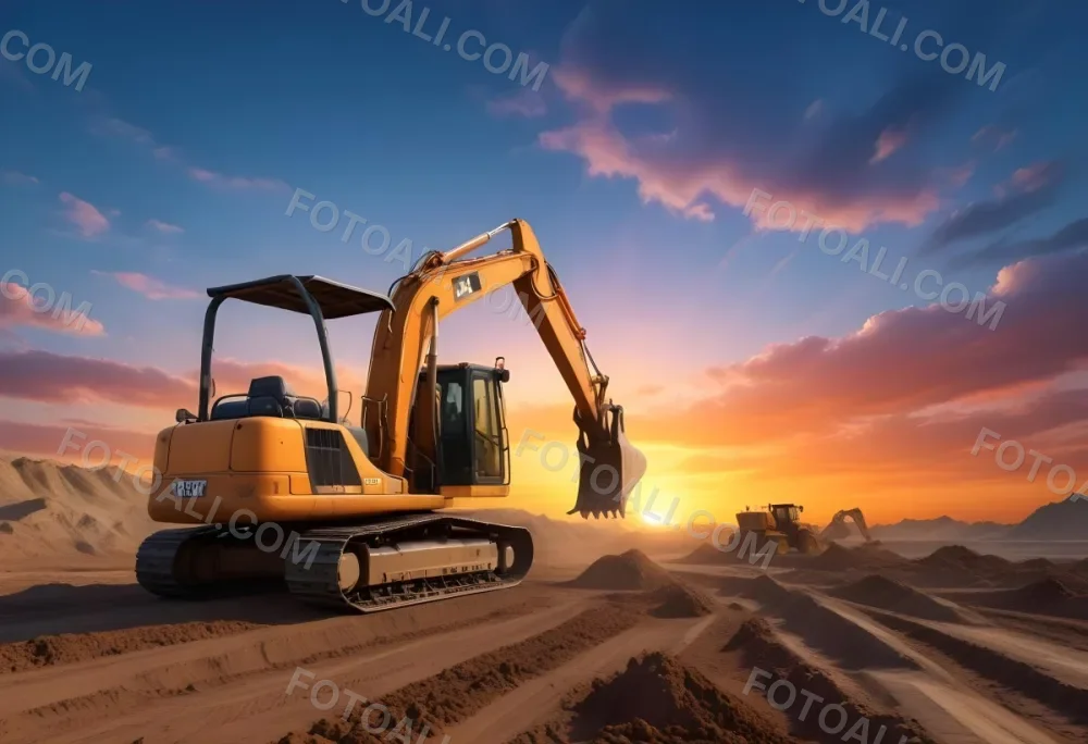 Excavator And Bulldozer On A Construction Site Heavy Machinery Working On A Dirt Field Sunset With A Blue Sky And Orange Clouds 4 7a72