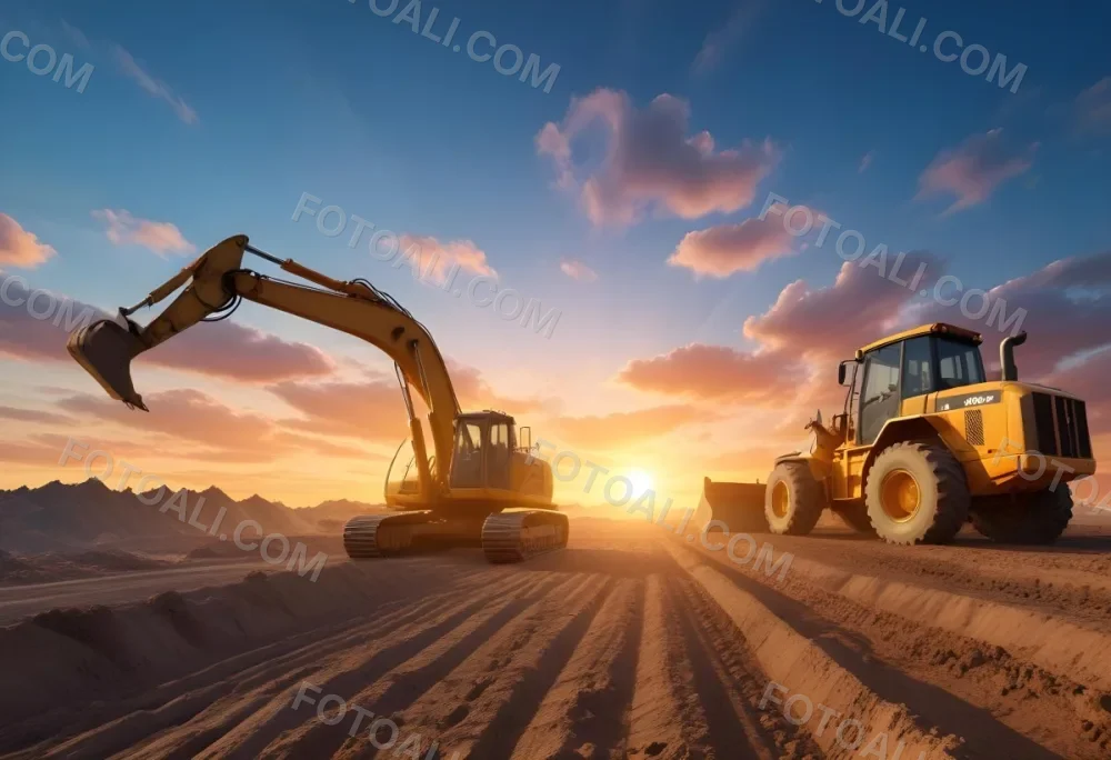 Excavator And Bulldozer On A Construction Site Heavy Machinery Working On A Dirt Field Sunset With A Blue Sky And Orange Clouds 5 078c