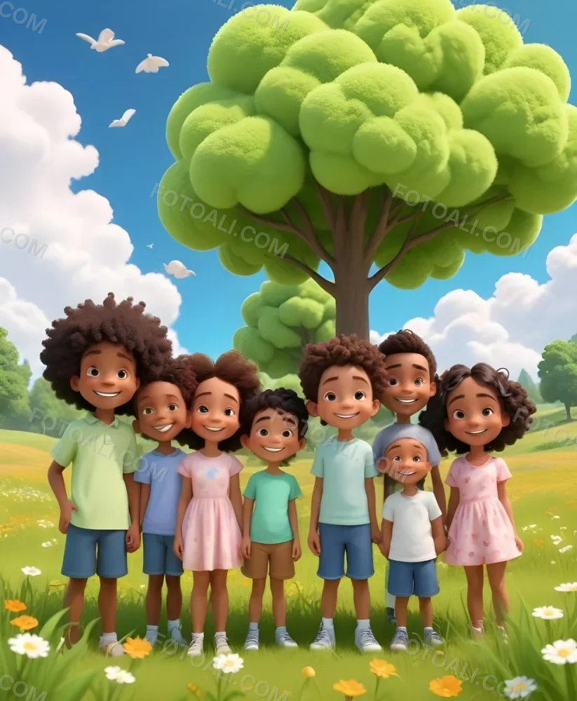 Five Kids Of Mixed Races With An Average Age Of 7 Smiling In A Green Field With Trees And Flowers Sun In The Sky And A Big White Cloud 10 82a9