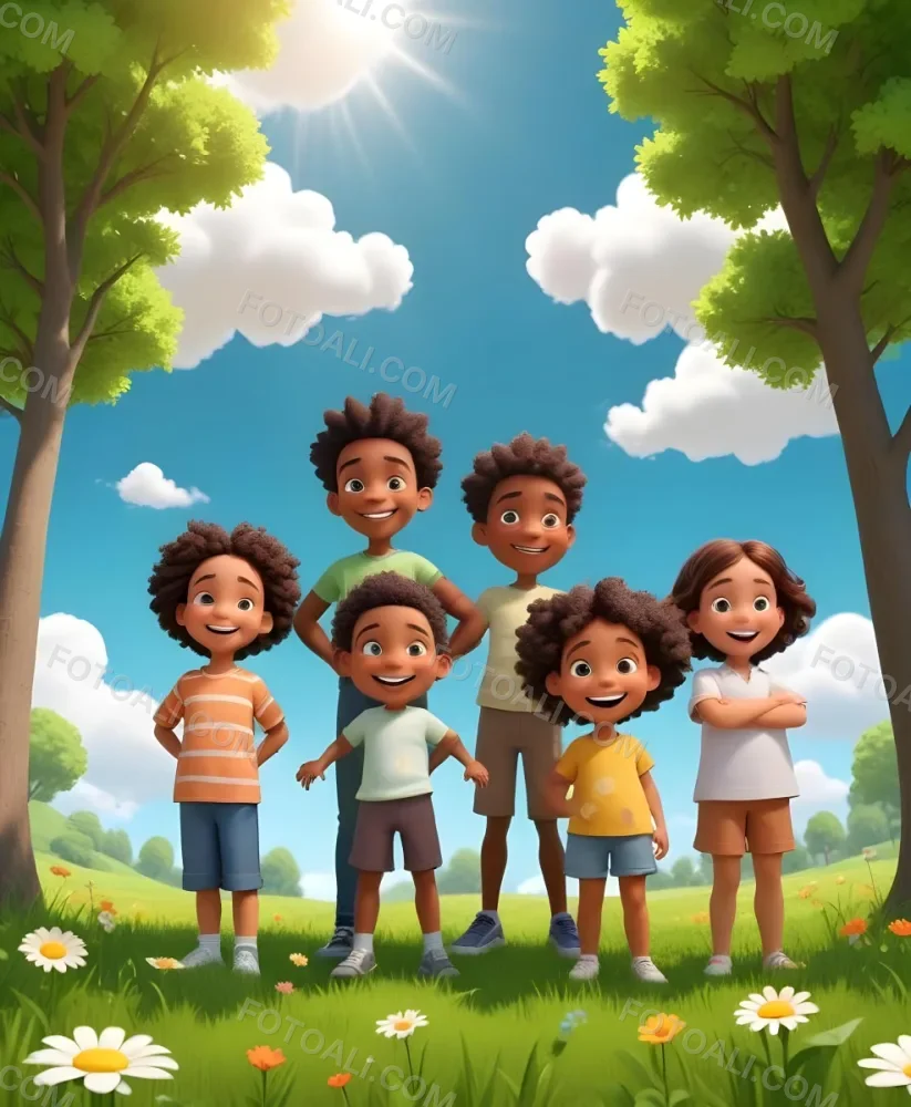 Five Kids Of Mixed Races With An Average Age Of 7 Smiling In A Green Field With Trees And Flowers Sun In The Sky And A Big White Cloud 14 2a86