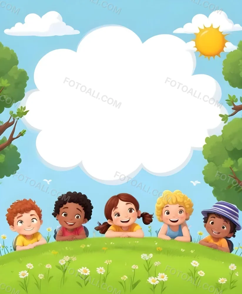 Five Kids Of Mixed Races With An Average Age Of 7 Smiling In A Green Field With Trees And Flowers Sun In The Sky And A Big White Cloud 18 Ec8c