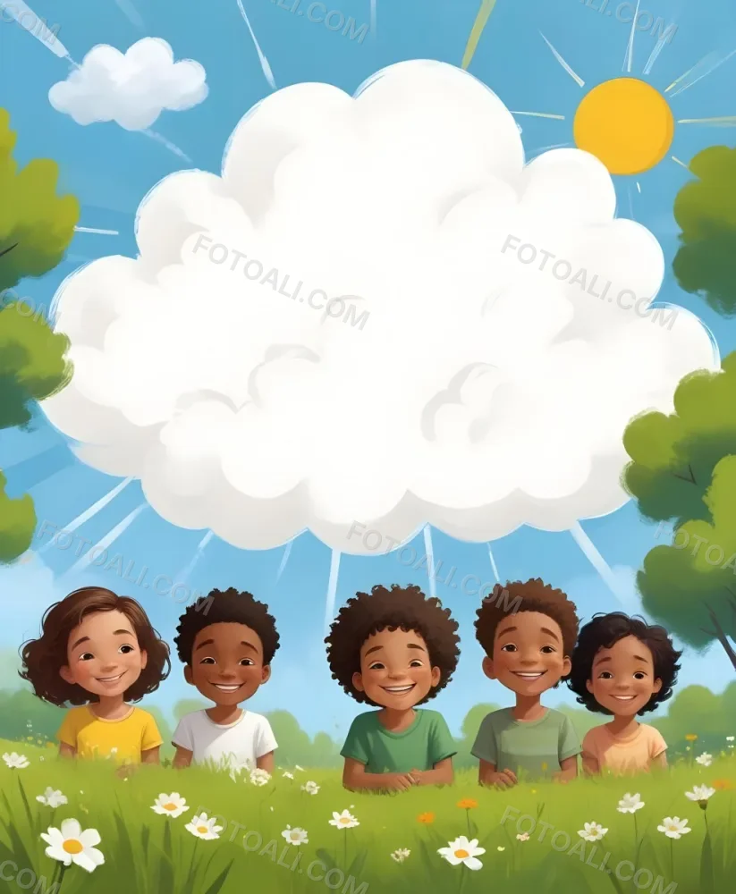 Five Kids Of Mixed Races With An Average Age Of 7 Smiling In A Green Field With Trees And Flowers Sun In The Sky And A Big White Cloud 41 0047
