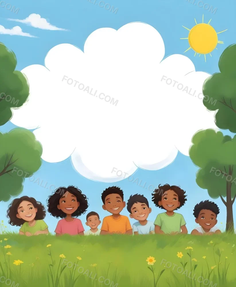 Five Kids Of Mixed Races With An Average Age Of 7 Smiling In A Green Field With Trees And Flowers Sun In The Sky And A Big White Cloud 43 05c2