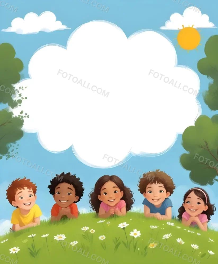 Five Kids Of Mixed Races With An Average Age Of 7 Smiling In A Green Field With Trees And Flowers Sun In The Sky And A Big White Cloud 44 Bfb1