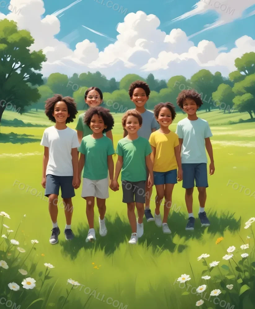 Five Kids Of Mixed Races With An Average Age Of 7 Smiling In A Green Field With Trees And Flowers Sun In The Sky And A Big White Cloud 45 7351