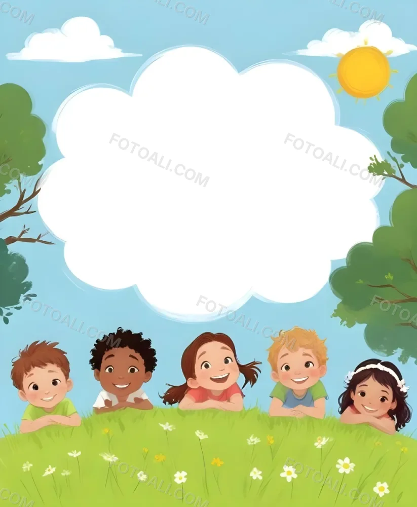 Five Kids Of Mixed Races With An Average Age Of 7 Smiling In A Green Field With Trees And Flowers Sun In The Sky And A Big White Cloud 46 1eb4