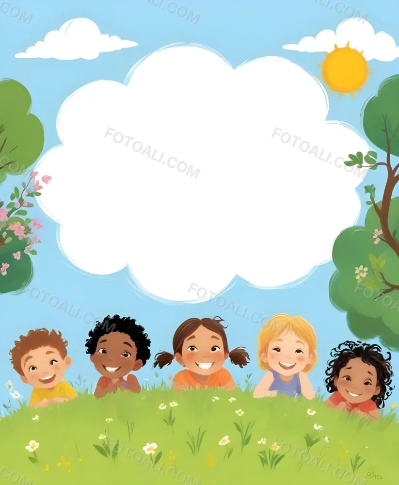Five Kids Of Mixed Races With An Average Age Of 7 Smiling In A Green Field With Trees And Flowers Sun In The Sky And A Big White Cloud 47 Fc4d