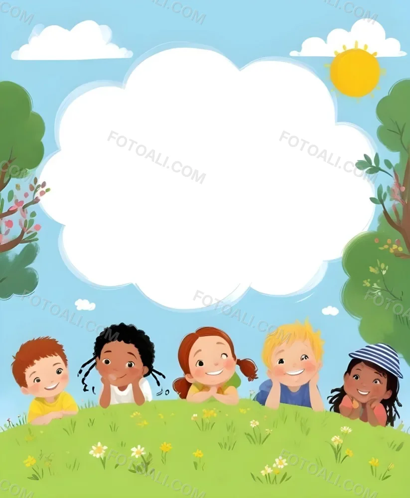 Five Kids Of Mixed Races With An Average Age Of 7 Smiling In A Green Field With Trees And Flowers Sun In The Sky And A Big White Cloud 48 71b5