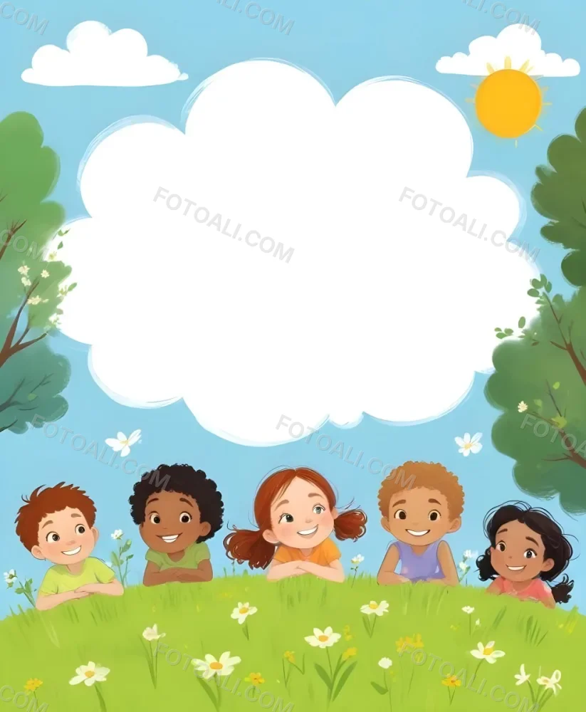 Five Kids Of Mixed Races With An Average Age Of 7 Smiling In A Green Field With Trees And Flowers Sun In The Sky And A Big White Cloud 49 6573