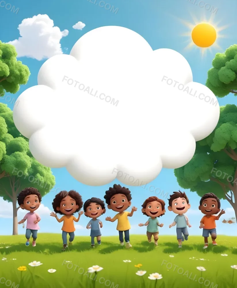 Five Kids Of Mixed Races With An Average Age Of 7 Smiling In A Green Field With Trees And Flowers Sun In The Sky And A Big White Cloud 5 F143