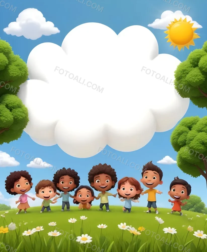 Five Kids Of Mixed Races With An Average Age Of 7 Smiling In A Green Field With Trees And Flowers Sun In The Sky And A Big White Cloud 6 4ba6
