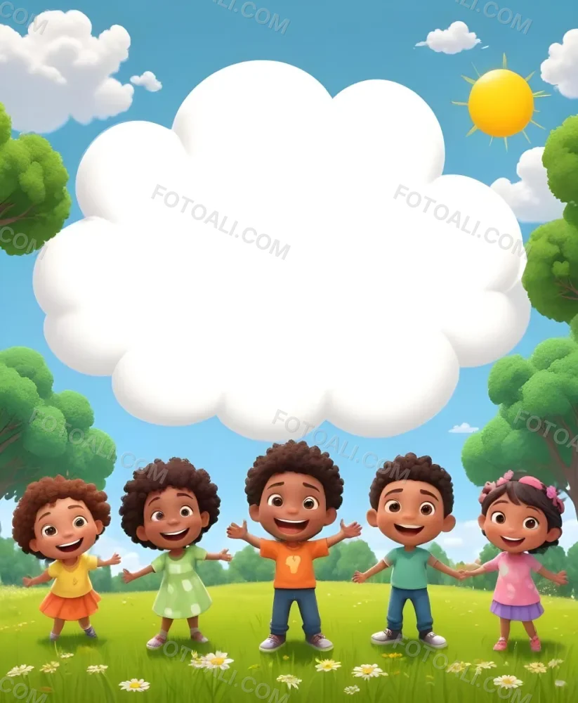 Five Kids Of Mixed Races With An Average Age Of 7 Smiling In A Green Field With Trees And Flowers Sun In The Sky And A Big White Cloud 7 E66f