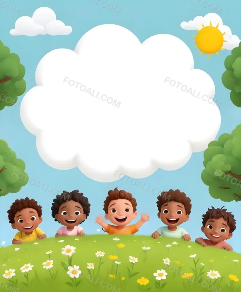 Five Kids Of Mixed Races With An Average Age Of 7 Smiling In A Green Field With Trees And Flowers Sun In The Sky And A Big White Cloud 8 A719