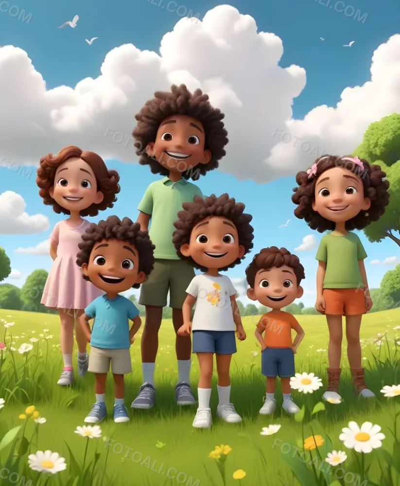 Five Kids Of Mixed Races With An Average Age Of 7 Smiling In A Green Field With Trees And Flowers Sun In The Sky And A Big White Cloud 9 Cc1f