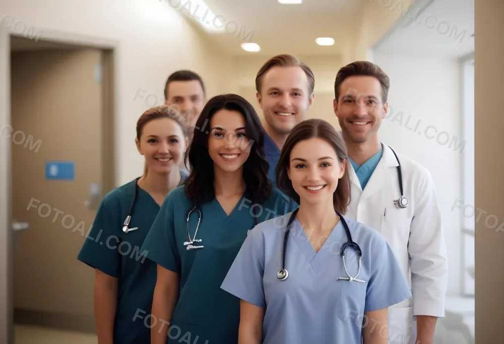 Five People Average Age 35 Average Race Caucasian Smiling In A Hospital Hallway Wearing Medical Scrubs And Lab Coats Looking At The Camera 3 80f0