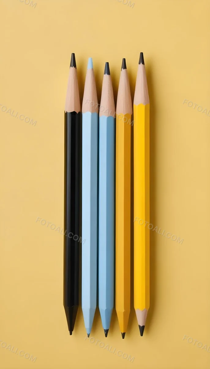 Five Yellow Pencils With Black Light Blue Black Black And Black Tips In A Yellow Background 14 6aa9