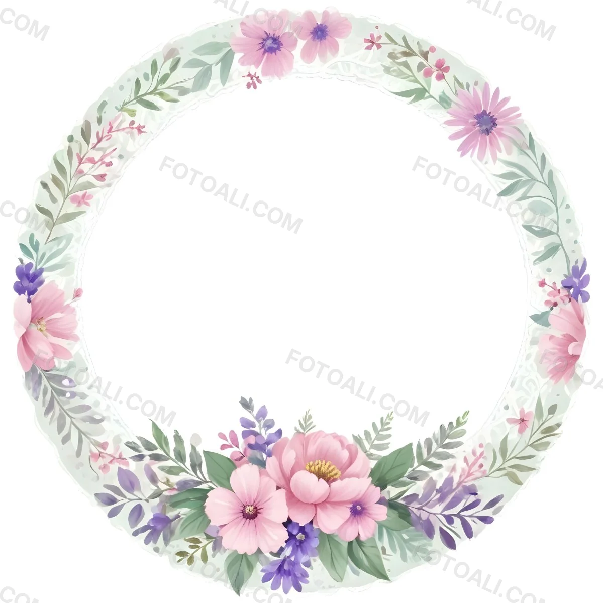 Floral Wreath With Pink And Purple Flowers Green Leaves And White Lace Trim On A Light Green Polka Dot Background Circular Frame 15 Dfb6 D6cb
