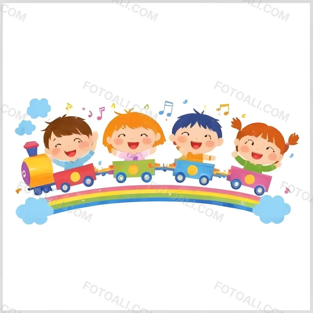 Four Asian Kids With 5 Years Old Riding A Colorful Train On A Rainbow With Music Notes And Clouds In A White Background 11 Af47