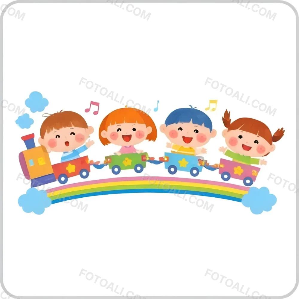 Four Asian Kids With 5 Years Old Riding A Colorful Train On A Rainbow With Music Notes And Clouds In A White Background 13 E16e