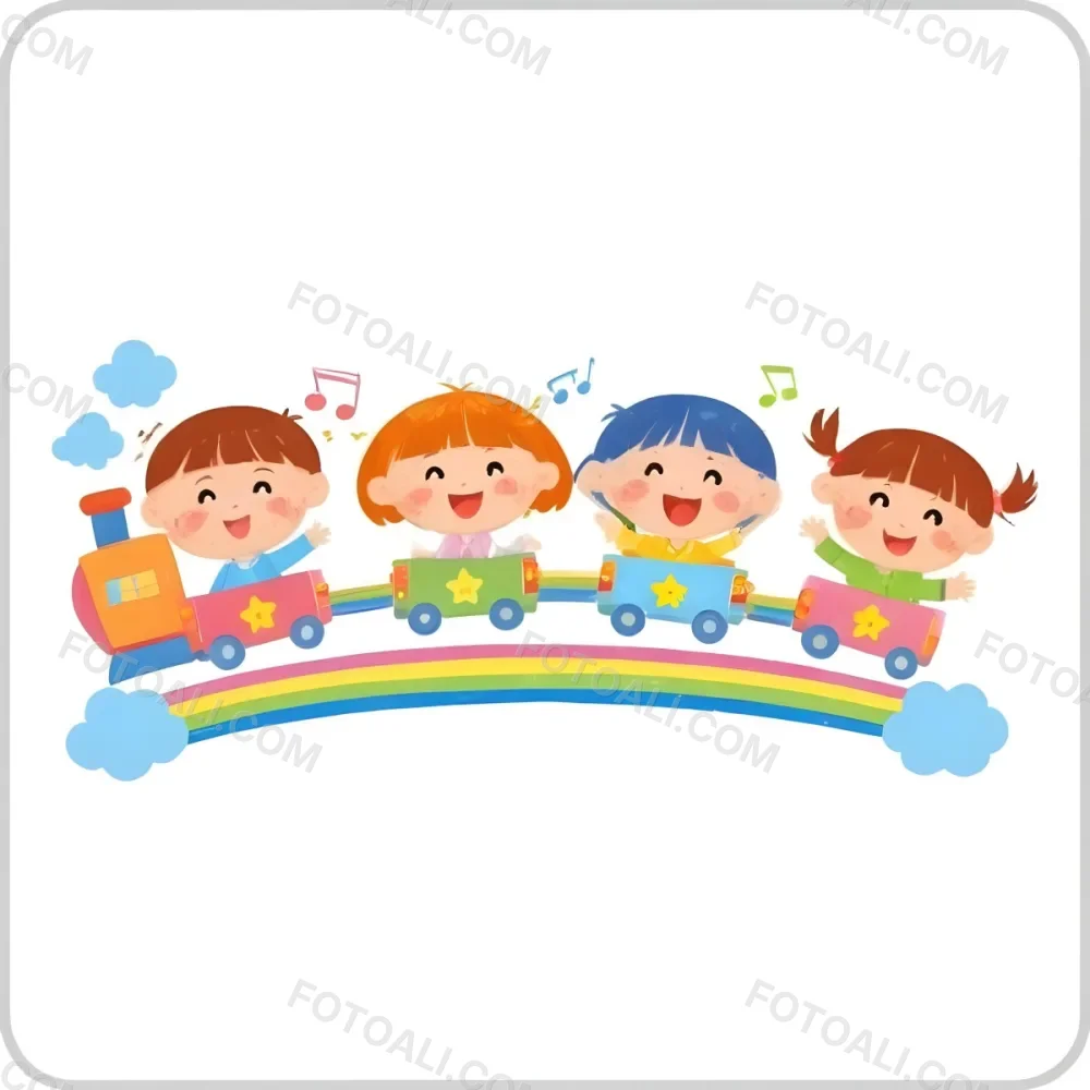 Four Asian Kids With 5 Years Old Riding A Colorful Train On A Rainbow With Music Notes And Clouds In A White Background 17 98e8