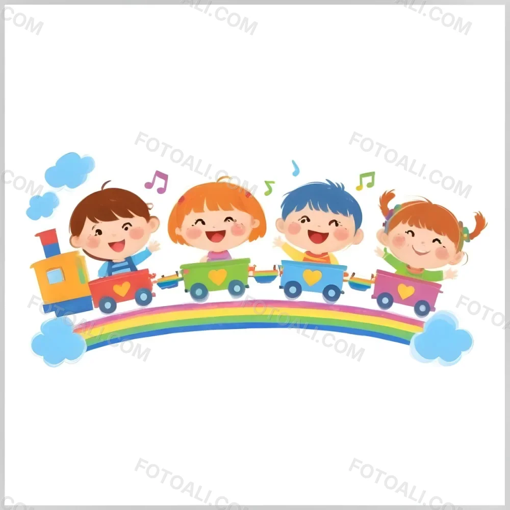 Four Asian Kids With 5 Years Old Riding A Colorful Train On A Rainbow With Music Notes And Clouds In A White Background 22 3322