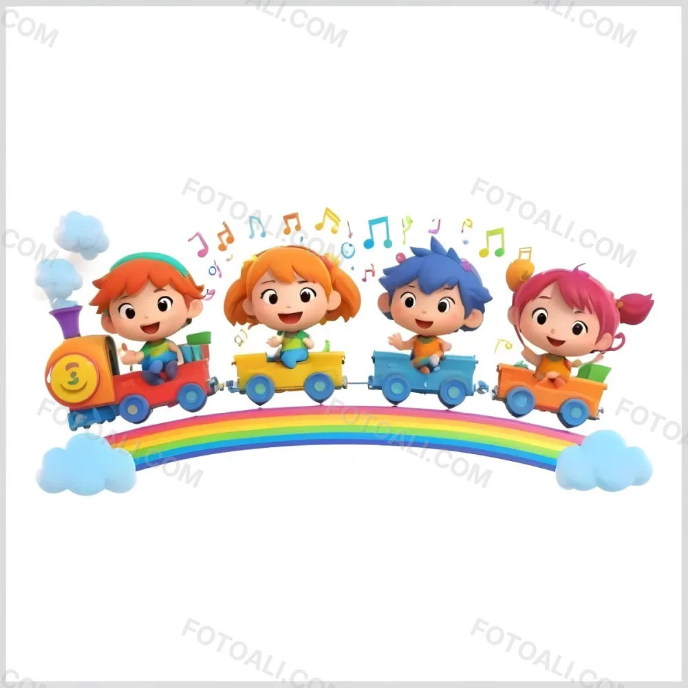 Four Asian Kids With 5 Years Old Riding A Colorful Train On A Rainbow With Music Notes And Clouds In A White Background 23 9d90