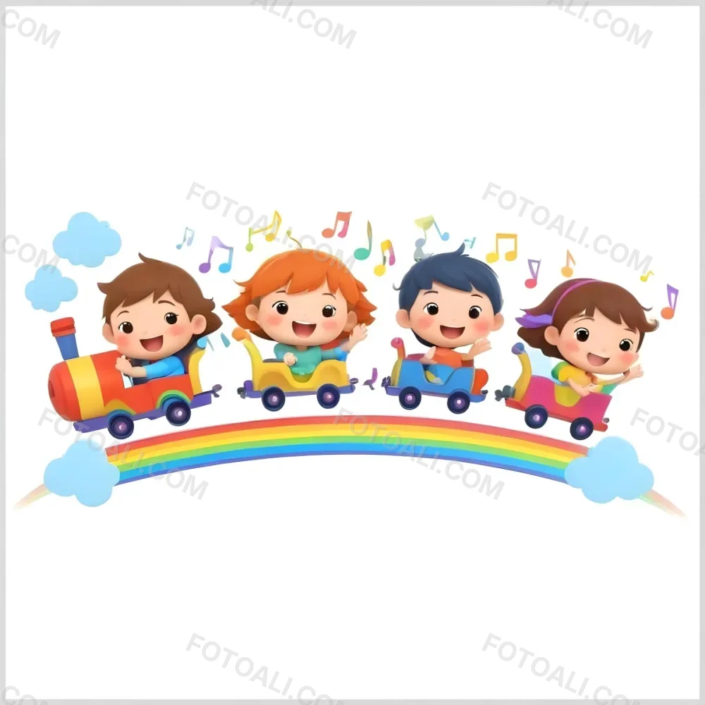 Four Asian Kids With 5 Years Old Riding A Colorful Train On A Rainbow With Music Notes And Clouds In A White Background 26 67c2