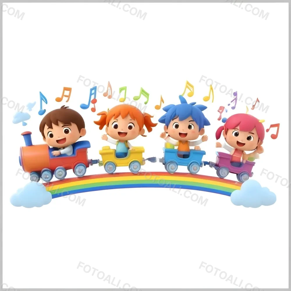 Four Asian Kids With 5 Years Old Riding A Colorful Train On A Rainbow With Music Notes And Clouds In A White Background 28 3e18