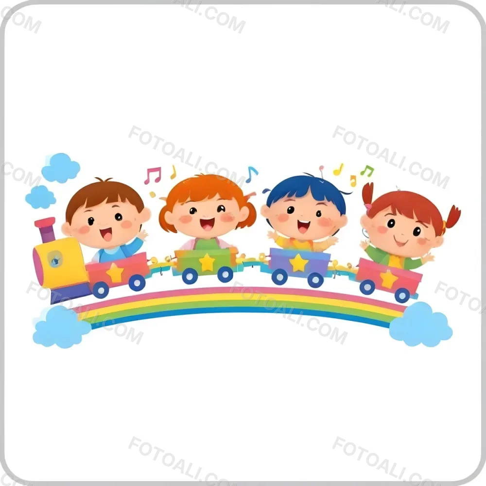 Four Asian Kids With 5 Years Old Riding A Colorful Train On A Rainbow With Music Notes And Clouds In A White Background 39 36cf