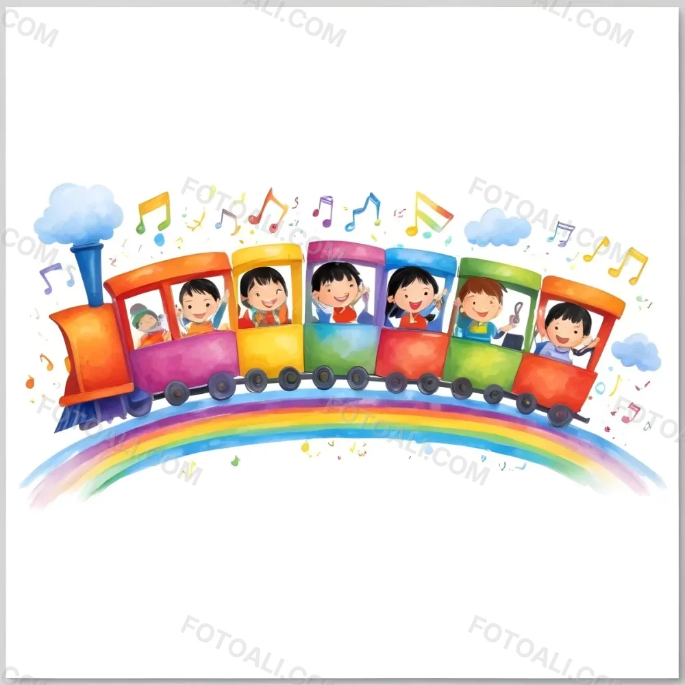 Four Asian Kids With 5 Years Old Riding A Colorful Train On A Rainbow With Music Notes And Clouds In A White Background 4 3b5c