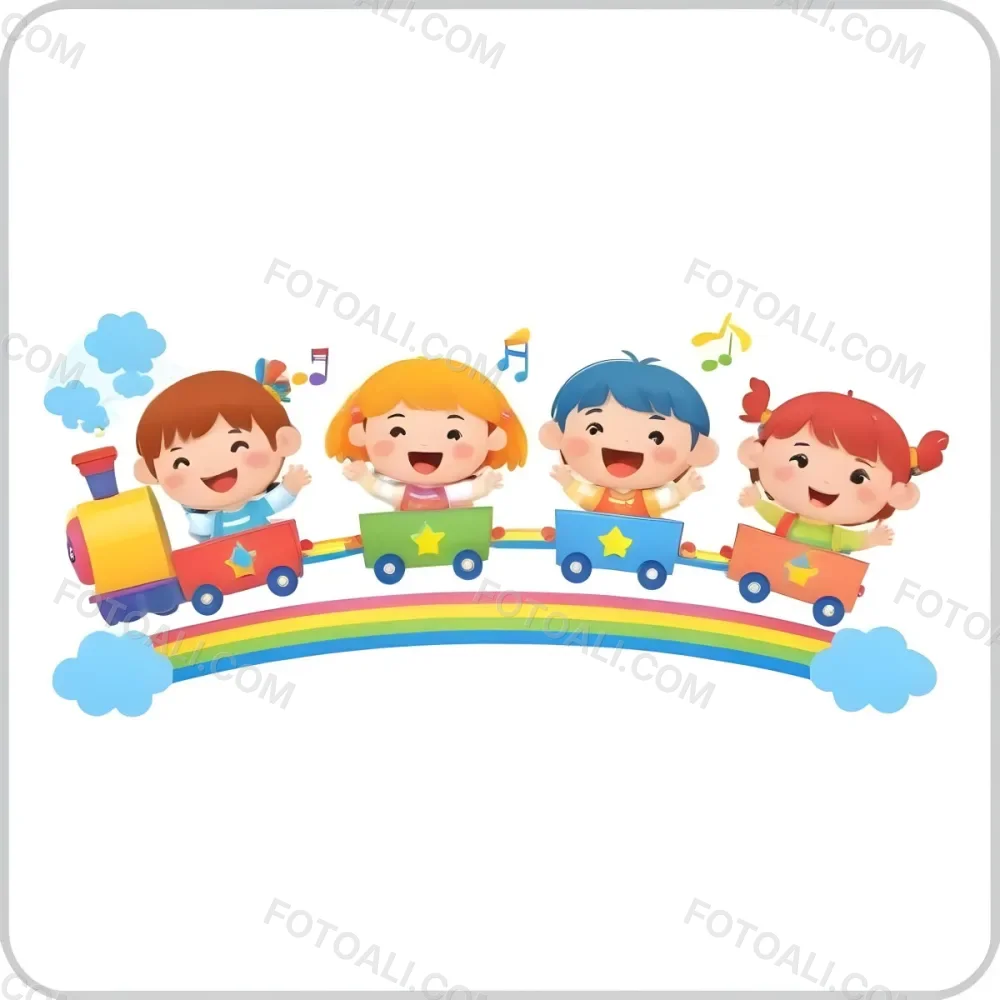 Four Asian Kids With 5 Years Old Riding A Colorful Train On A Rainbow With Music Notes And Clouds In A White Background 40 99d6