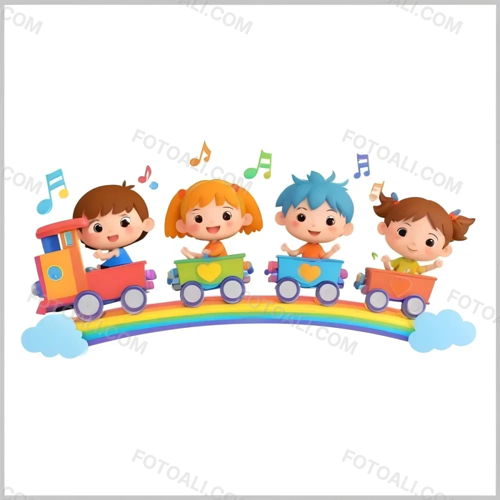 Four Asian Kids With 5 Years Old Riding A Colorful Train On A Rainbow With Music Notes And Clouds In A White Background 41 Fdea