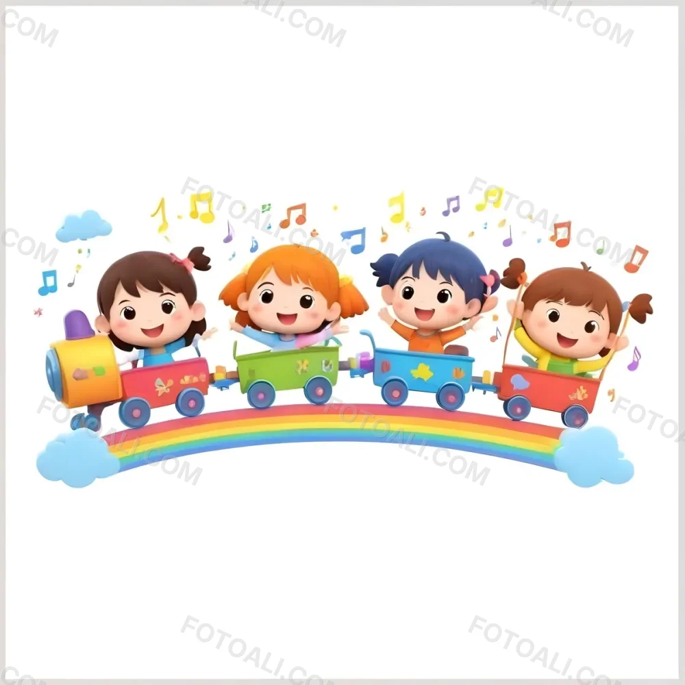 Four Asian Kids With 5 Years Old Riding A Colorful Train On A Rainbow With Music Notes And Clouds In A White Background 42 0ca4