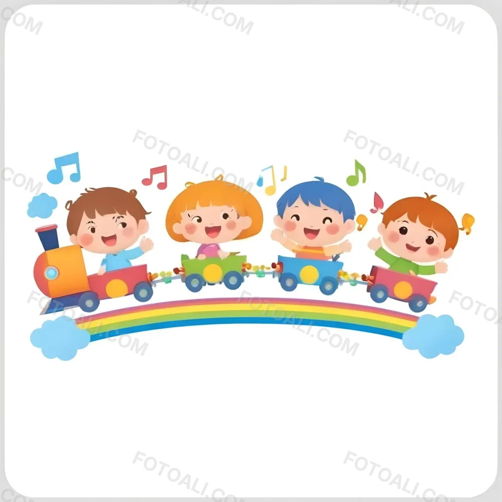 Four Asian Kids With 5 Years Old Riding A Colorful Train On A Rainbow With Music Notes And Clouds In A White Background 43 Bdff