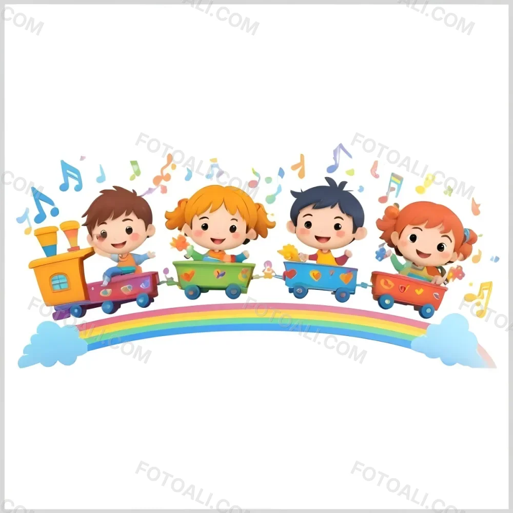 Four Asian Kids With 5 Years Old Riding A Colorful Train On A Rainbow With Music Notes And Clouds In A White Background 44 8fc7