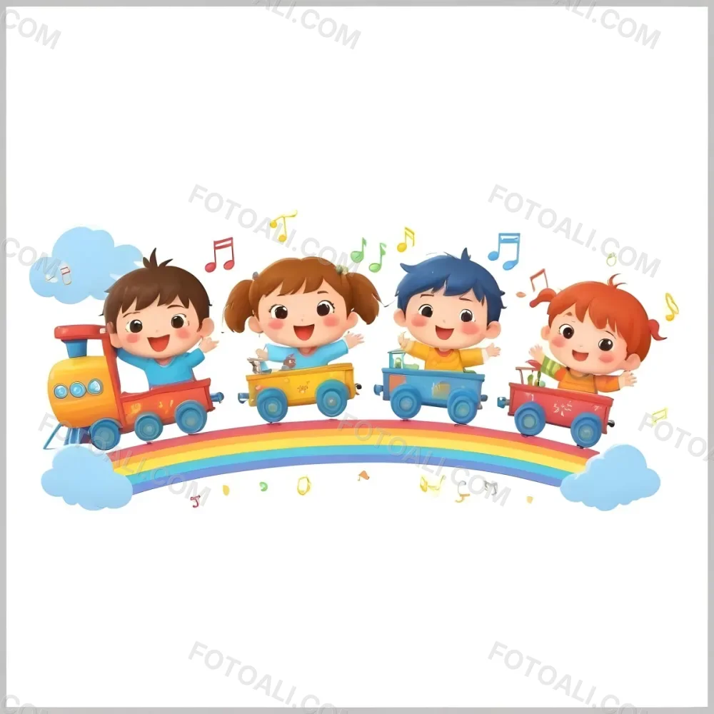 Four Asian Kids With 5 Years Old Riding A Colorful Train On A Rainbow With Music Notes And Clouds In A White Background 45 6e0f