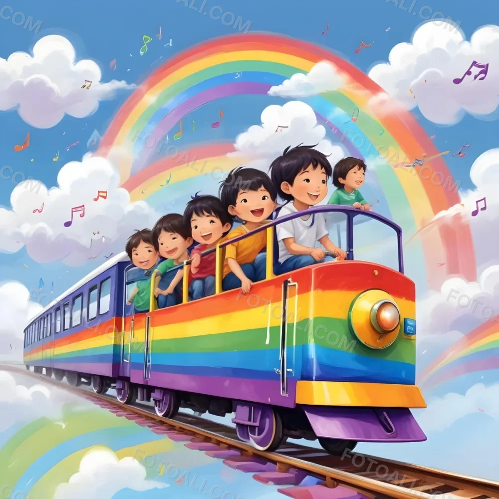 Four Asian Kids With 5 Years Old Riding A Colorful Train On A Rainbow With Music Notes And Clouds In A White Background 6 Abfa