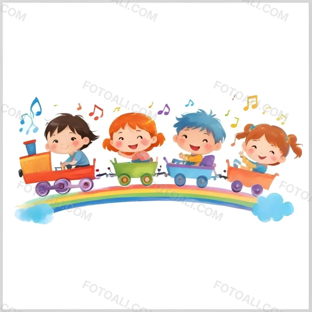 Four Asian Kids With 5 Years Old Riding A Colorful Train On A Rainbow With Music Notes And Clouds In A White Background 7 4467