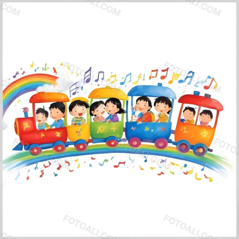 Four Asian Kids With 5 Years Old Riding A Colorful Train On A Rainbow With Music Notes And Clouds In A White Background 9 C1f5