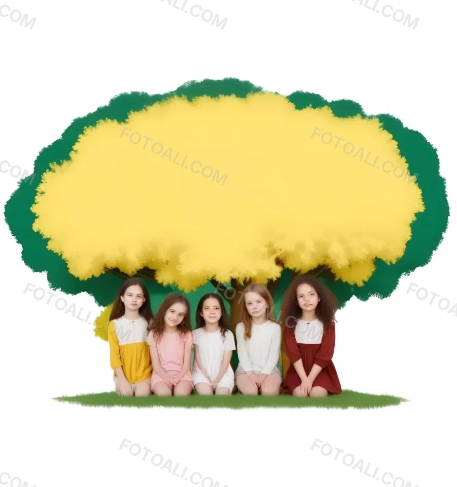 Four Caucasian Girls With An Average Age Of 8 Under A Tree With A Yellow Space For Text 11 14d9